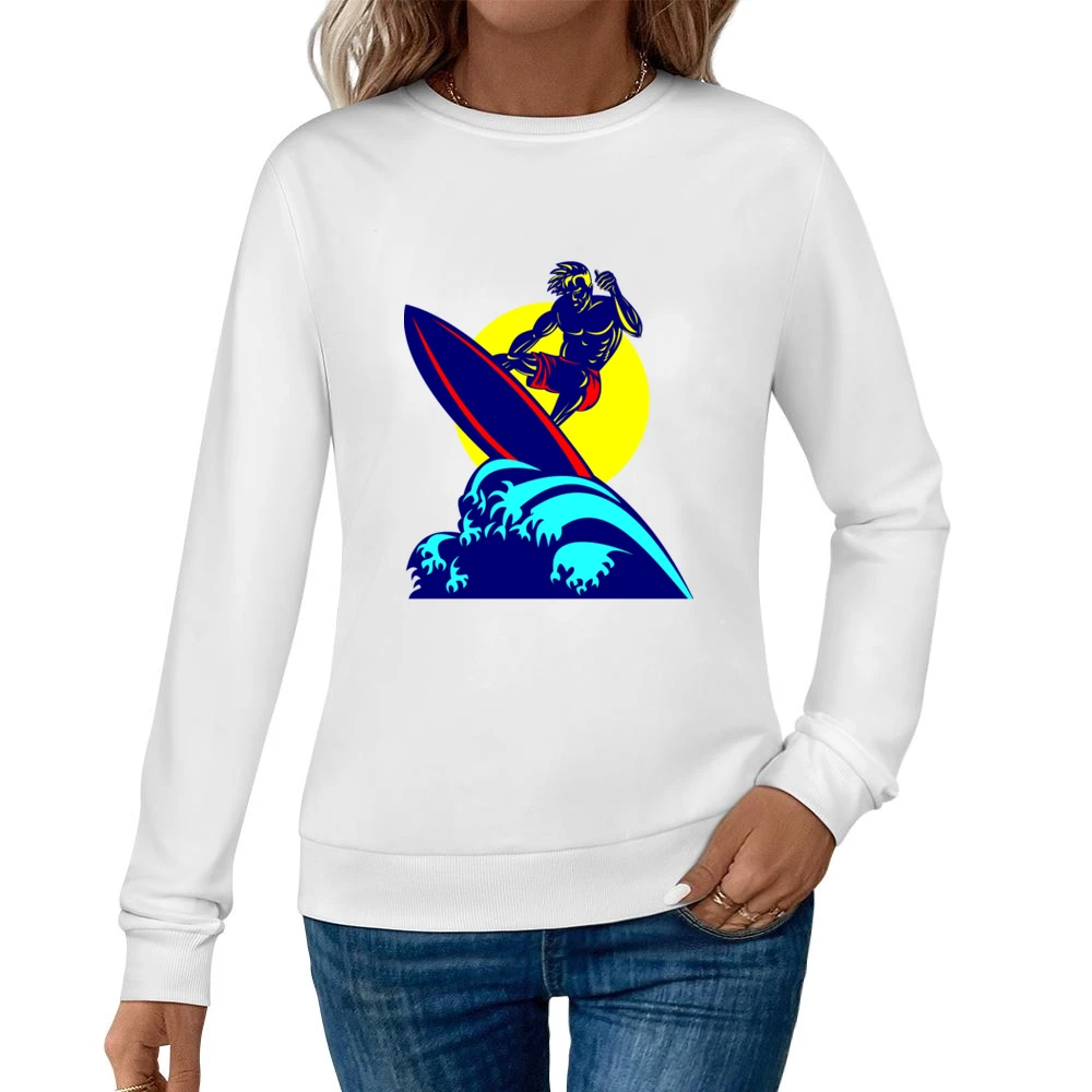 mucle guy with surf riding wave ocean beach surfing under the sun T Sh Women Pullover Sweatshirt