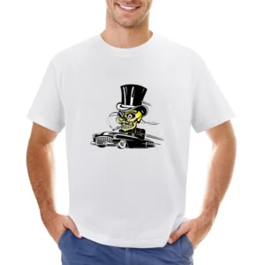 skull driving with suit and hat and mustache black car Asian Size Men T-Shirt