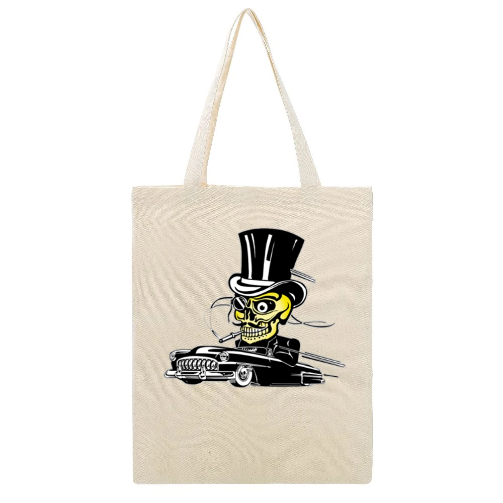 skull driving with suit and hat and mustache black car Beige Canvas Tote Shopping Bag