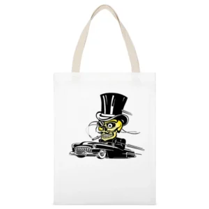 skull driving with suit and hat and mustache black car White Canvas Tote Shopping Bag