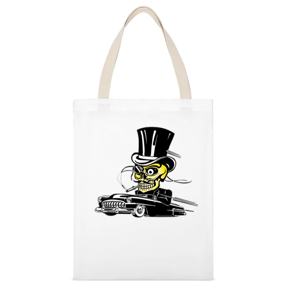 skull driving with suit and hat and mustache black car White Canvas Tote Shopping Bag