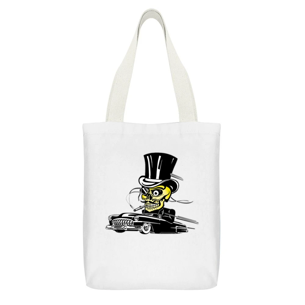 skull driving with suit and hat and mustache black car White Canvas Tote Shopping Bag With Interior Pocket