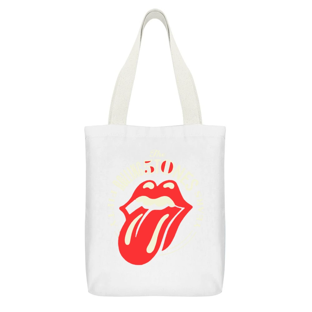 the fifty years rolling stones rock band White Canvas Tote Shopping Bag With Interior Pocket