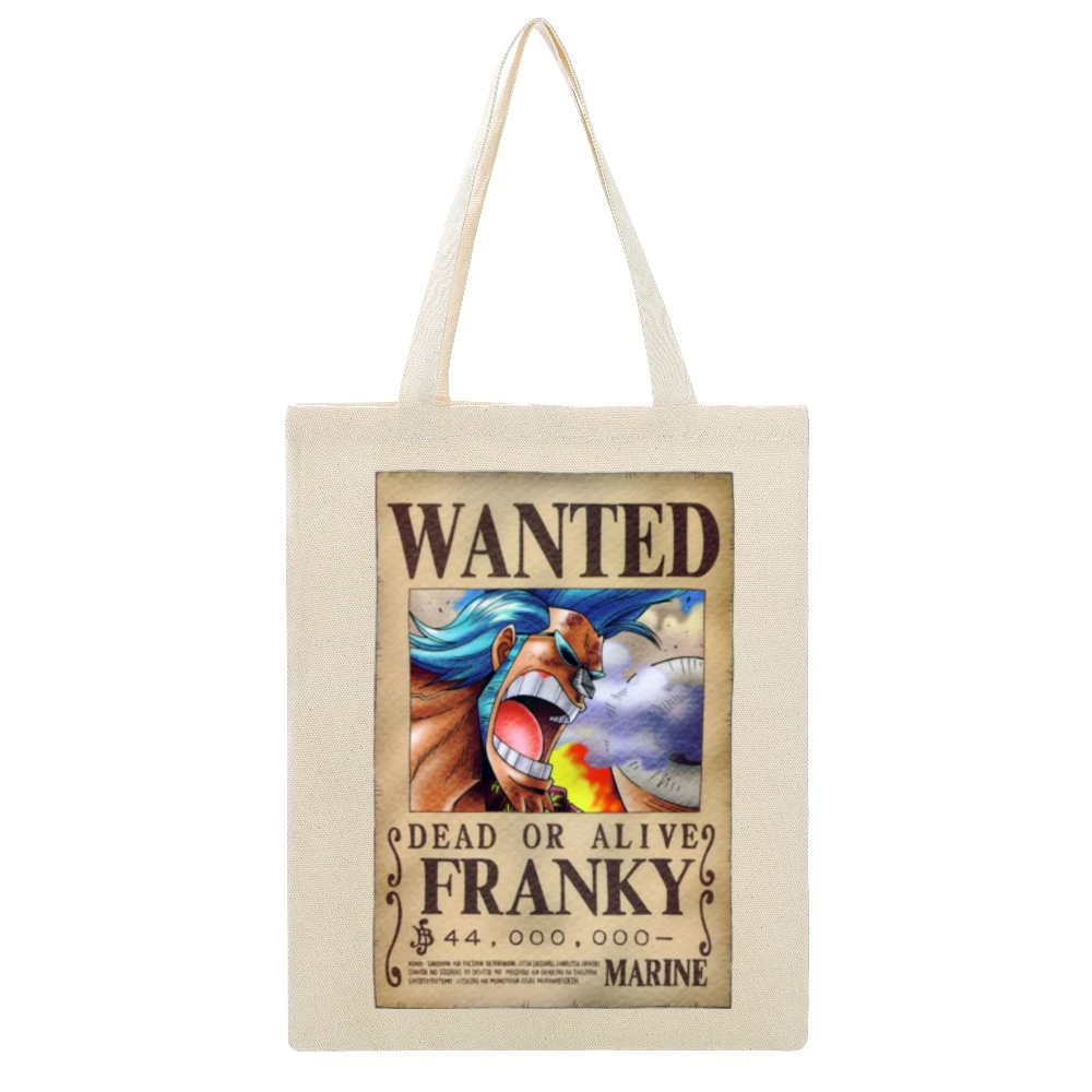 water seven cyborg franky wanted poster straw hat pirates member crew Beige Canvas Tote Shopping Bag
