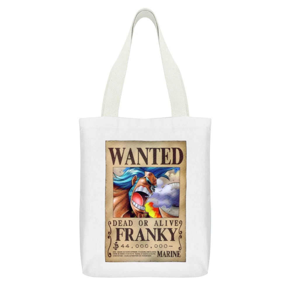 water seven cyborg franky wanted poster straw hat pirates member crew White Canvas Tote Shopping Bag With Interior Pocket