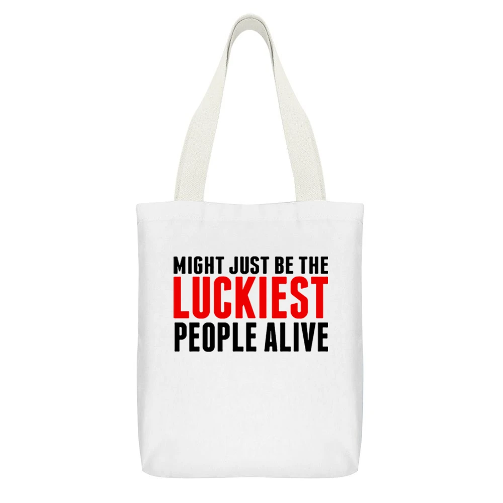 we might just be the luckiest people alive White Canvas Tote Shopping Bag With Interior Pocket